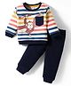 ToffyHouse Fleece Knit Full Sleeves Winter Wear T-Shirt & Joggers Set with Stripes & Animal Print - Navy Blue & White