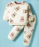 ToffyHouse Fleece Knit Full Sleeves Co-ords Winter Wear T-Shirt & Lounge Pant Set with Bear Print - Off White