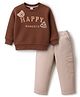 ToffyHouse Fleece Knit Full Sleeves Winter Wear T-Shirt & Joggers Set With Happy Text Print - Brown & Beige