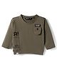 Ruff Knit Full Sleeves T-Shirt with Text Print & Patch Pocket - Olive Green