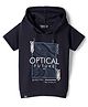 Ruff Cotton Lycra Knit Half Sleeves Hooded T-Shirt with Optical Print - Navy Blue
