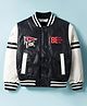 Ruff Full Sleeves Leather Bomber Jacket With Text Embroidery - Black