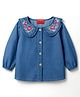 Babyhug Woven Full Sleeves Peter Pan Collar Front Open Denim Top With Floral Embroidery - Blue