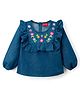 Babyhug Woven Denim Full Sleeves Top with Floral Embroidery & Frill Detailing- Blue