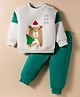 Little Kangaroos Full Sleeves Winter Wear Sweatshirt & Lounge Pant Set With Animal Embriodery - White & Teal Blue