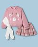 Little Kangaroos Cotton Knit Full Sleeves Winter Wear Sweatshirt Skirt & Leggings Set with Reindeer Applique & Check with Sequin Detailing - Pink & White