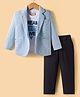 Rikidoos Full Sleeves Checked Textured Blazer With Typography Printed Tee & Pant Set - Sky & Navy Blue