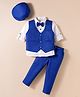 Rikidoos Full Sleeves Pin Striped 3 Piece Suit Set With Bow & Cap - Blue & White