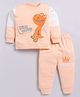 CUTOPIES Cotton Knit Full Sleeves Dinosaur Printed Light Winter Sweatshirt & Joggers Set - Peach