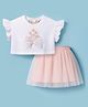 Lil' Drama Cotton Knit Half Sleeves Floral & Bow 3D Applique Detailed Crop Top With Net Skirt Set - White & Pink