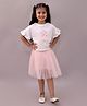 Lil' Drama Cotton Knit Half Sleeves Floral & Bow 3D Applique Detailed Crop Top With Net Skirt Set - White & Pink