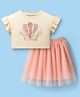 Lil' Drama Cotton Knit Half Sleeves Leaves 3D Applique Detailed Crop Top With Net Skirt Set - Off White & Peach