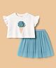Lil' Drama Cotton Knit Half Sleeves Ice Cream 3D Applique Detailed Crop Top With Net Skirt Set - White & Sky Blue