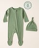 furr balls 100% Organic Cotton Knit Full Sleeves Solid Sleepsuit With Cap - Green