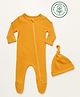 furr balls 100% Organic Cotton Knit Full Sleeves Solid Sleepsuit With Cap - Yellow