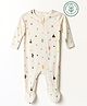 furr balls 100% Organic Cotton Knit Full Sleeves Camping Theme Printed Sleepsuit - Off White