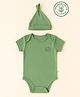 furr balls Organic Cotton Knit Half Sleeves Elephant Printed Onesie With Cap - Green