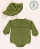 furr balls Organic Cotton Full Sleeves Abstract Printed Lace Detailed Peter Pan Collar Onesie With Cap - Green