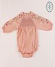 furr balls Organic Cotton Knit Full Sleeves Floral Embroidered & Smocked Detailed Onesie - Pink