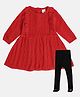 MINI KLUB Cotton Blend Knit Full Sleeves Abstract Designed Winter Dress With leggings - Red & Black