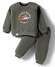 Mini Taurus Fleece Knit Full Sleeves Winter Wear T-Shirt & Joggers Set with Old Mc Donal Text Embroidery - Olive Green
