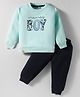Mini Taurus Fleece Knit Full Sleeves Winter Wear T-Shirt & Joggers Set with Boy Text Print - Aqua Blue