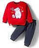 Mini Taurus Fleece Knit Full Sleeves Winter Wear T-Shirt & Joggers Set with With Teddy Patch Embroidery - Red