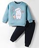 Mini Taurus Fleece Knit Full Sleeves Winter Wear T-Shirt & Joggers Set with With Teddy Patch Embroidery - Light Blue