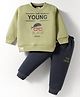 Mini Taurus Fleece Knit Full Sleeves Winter Wear T-Shirt & Joggers Set with Young Text Embroidery - Light Green