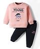 Mini Taurus Fleece Knit Full Sleeves Winter Wear T-Shirt & Joggers Set with With Young Text Print - Pink