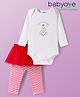 Babyoye 100% Cotton Knit Full Sleeves Onesie & Striped Leggings with Attached Skirt - White & Red