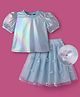 Hola Bonita Knit Half Sleeves Top & Mesh Skirt with Floral Applique - Light Blue