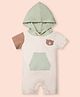 My Milestones 100% Cotton Knit Half Romper Color Blocked & Bear Patch Detailed Romper - Ecru
