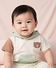 My Milestones 100% Cotton Knit Half Romper Color Blocked & Bear Patch Detailed Romper - Ecru