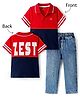 OLLINGTON ST. Cotton Knit Half Sleeves Polo T-Shirt &  Denim Joggers Set with Zest Text Print - Red Navy Blue & Blue