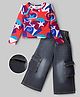 OLLINGTON ST. Cotton Knit Full Sleeves Star Printed Top & Baggy Denim Pant - Red Multicolor & Blue