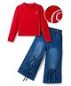 OLLINGTON ST. Cotton Lycra Knit Full Sleeves Solid Color Top & Denim Pant - Red & Blue