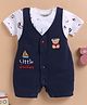Wonderchild Teddy Bear Patch Detailed Dungaree With Half Sleeves Nautical Theme Printed Tee - White & Navy Blue