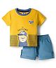 ToffyHouse Knitted Half Sleeves T-Shirt & Shorts Set With Bear Print - Yellow & Blue