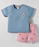 ToffyHouse Cotton Knit Half Sleeves T-Shirt & Striped Shorts Set with Monkey Embroidery - Light Blue & Red