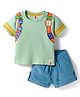 ToffyHouse Knit Half Sleeves T-Shirt & Shorts Set with Bag Strap Print - Light Green & Light Blue