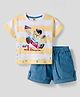 ToffyHouse Woven Half Sleeves T-Shirt & Shorts Set With Teddy Bear Print - Yellow & Blue