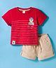 ToffyHouse Knitted Half Sleeves T-Shirt & Shorts Set With Bear Print - Red