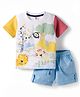 ToffyHouse Cotton Knit Half Sleeves T-Shirt & Shorts Set with Jungle Theme Print - Light Blue & White