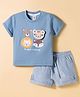 ToffyHouse Cotton Knit Half Sleeves T-Shirt & Shorts Set With Animal Print & Patch - Blue