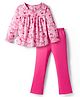 Doodle Poodle 100% Cotton Knit Bow Printed Full Sleeves Top & Leggings Set - Pink