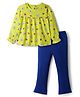 Doodle Poodle 100% Cotton Knit Full Sleeves Floral Printed Top & Leggings Set - Limegreen & Blue