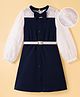 Hola Bonita Knit Full Sleeves Frock With Belt & Textured Fabric - Navy Blue