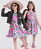 OLLINGTON ST. Cotton Stretchable Full Sleeves Denim Jacket and Inner Knit Dress Set with Leaf Print - Multicolor