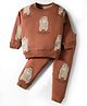 Doreme Terry Knit Full Sleeves Winter Wear T-Shirt & Joggers Set with Teddy Print - Brown